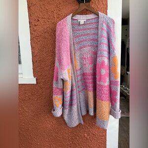 Sincerely Jules Size Large Cardigan Sweater Oversized Chunky Purple Pink Ditsy